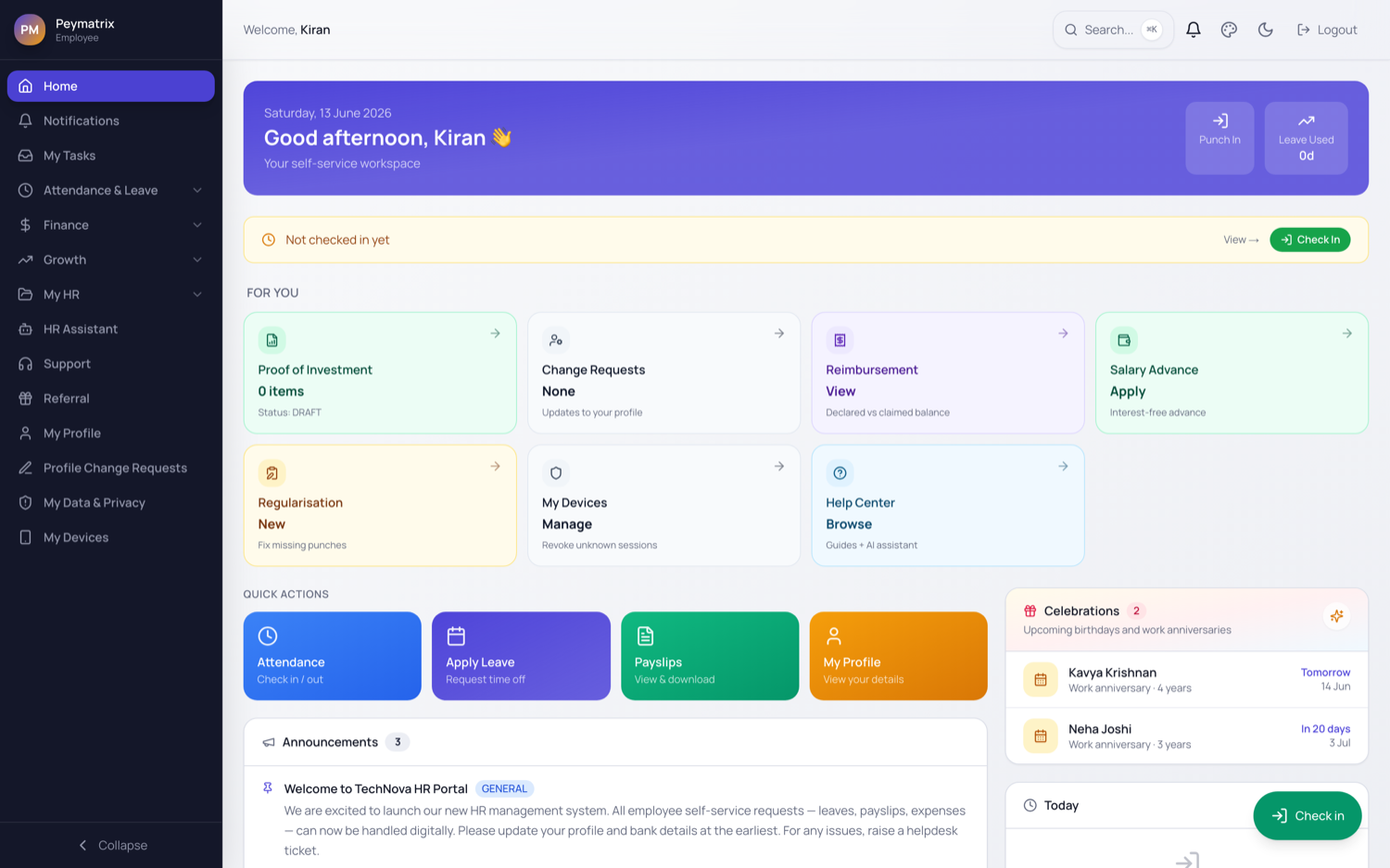 Peymatrix employee self-service portal showing payslips and leave